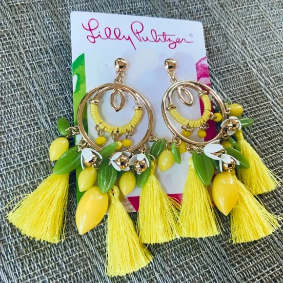 LLILY PULITZER NWT🩷SOLD🩷 YELLOW TASSEL EARRINGS ⭐️ Fun Statement Pierced Post - Picture 6 of 9